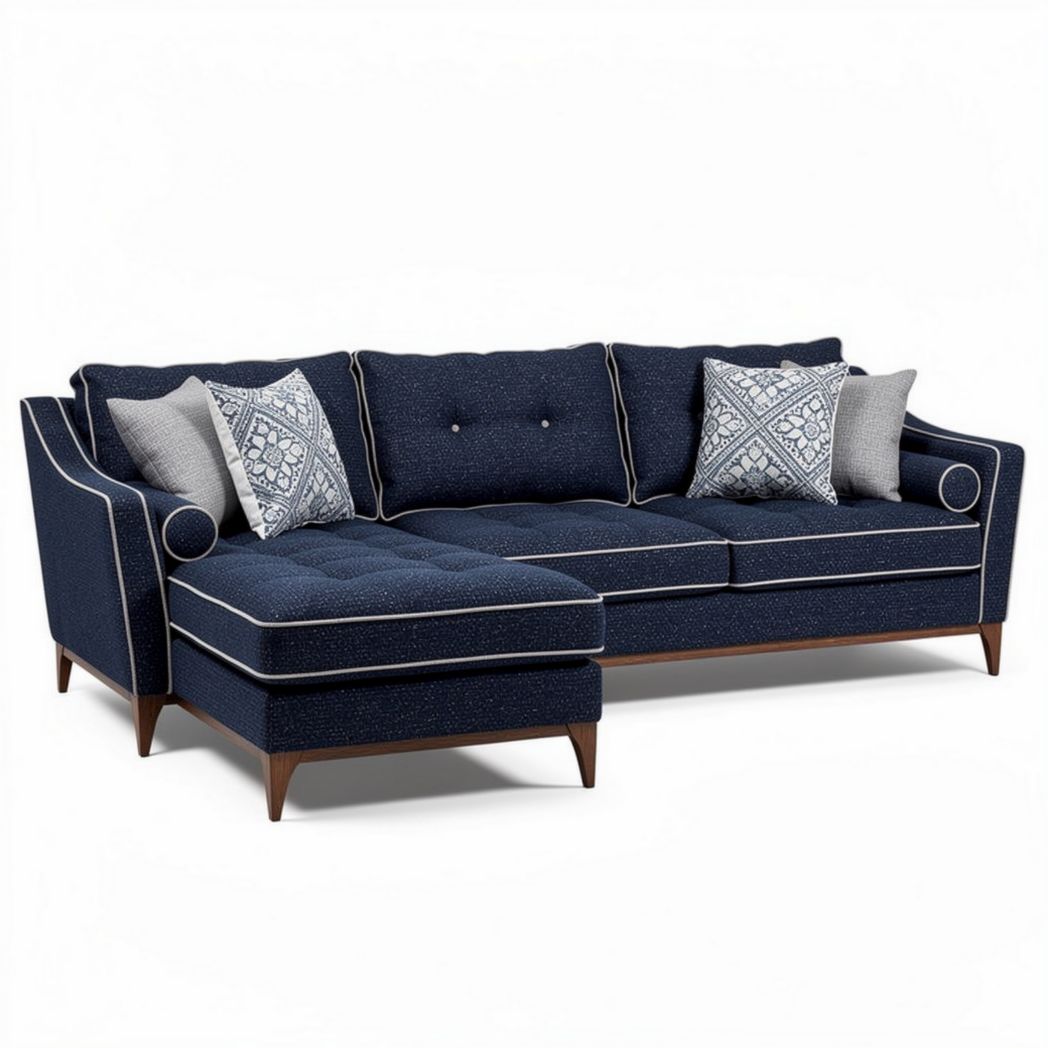 Navy blue sectional sofa with plush upholstery and decorative throw pillows
