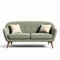 Green upholstered loveseat with wooden legs and two included pillows 160 x 80 x 80cm