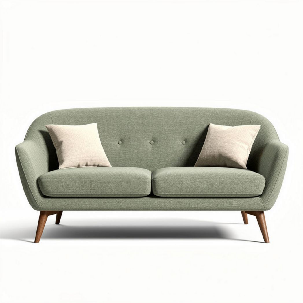 Green upholstered loveseat with wooden legs and two included pillows 160 x 80 x 80cm