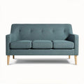 Mid-century modern two-seater sofa in teal fabric with wooden legs 180 x 85 x 75cm