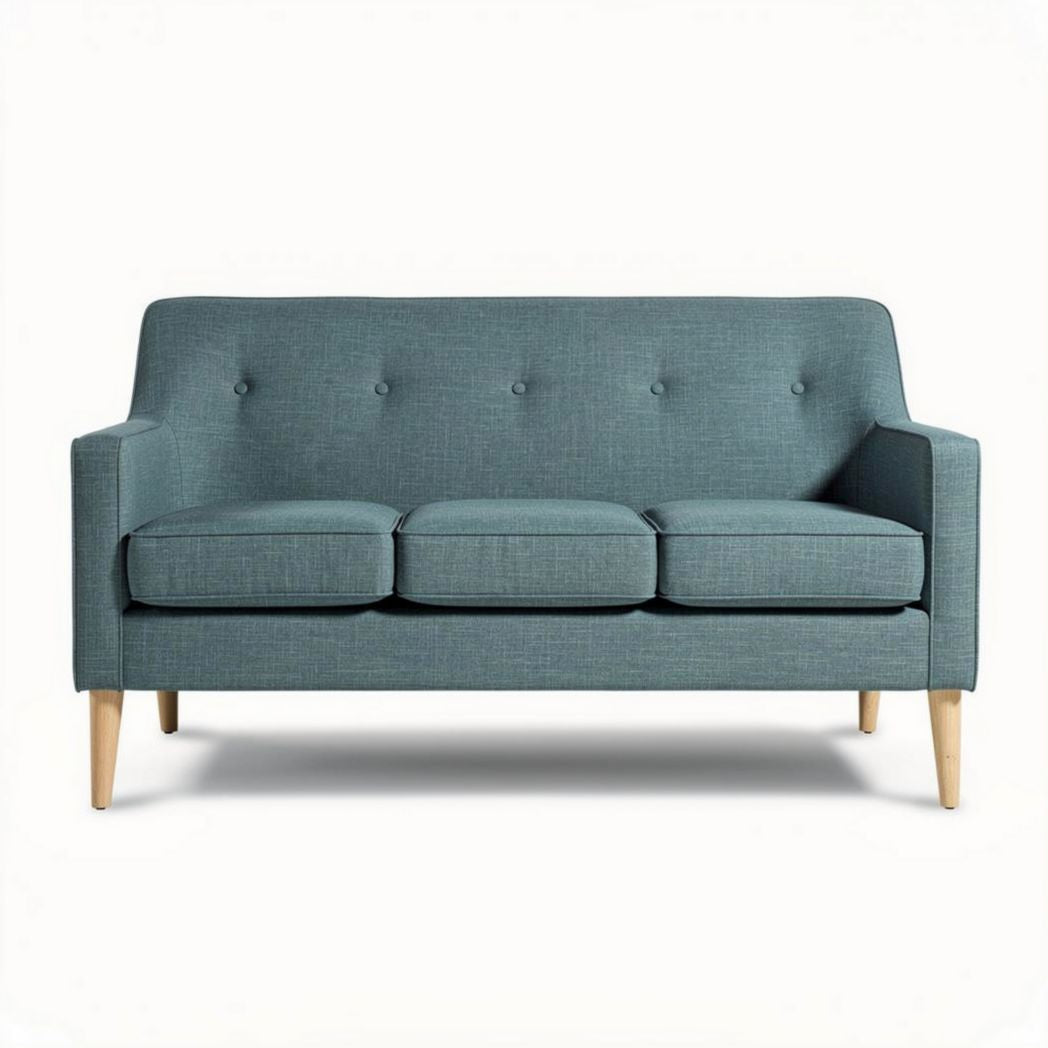 Mid-century modern two-seater sofa in teal fabric with wooden legs 180 x 85 x 75cm