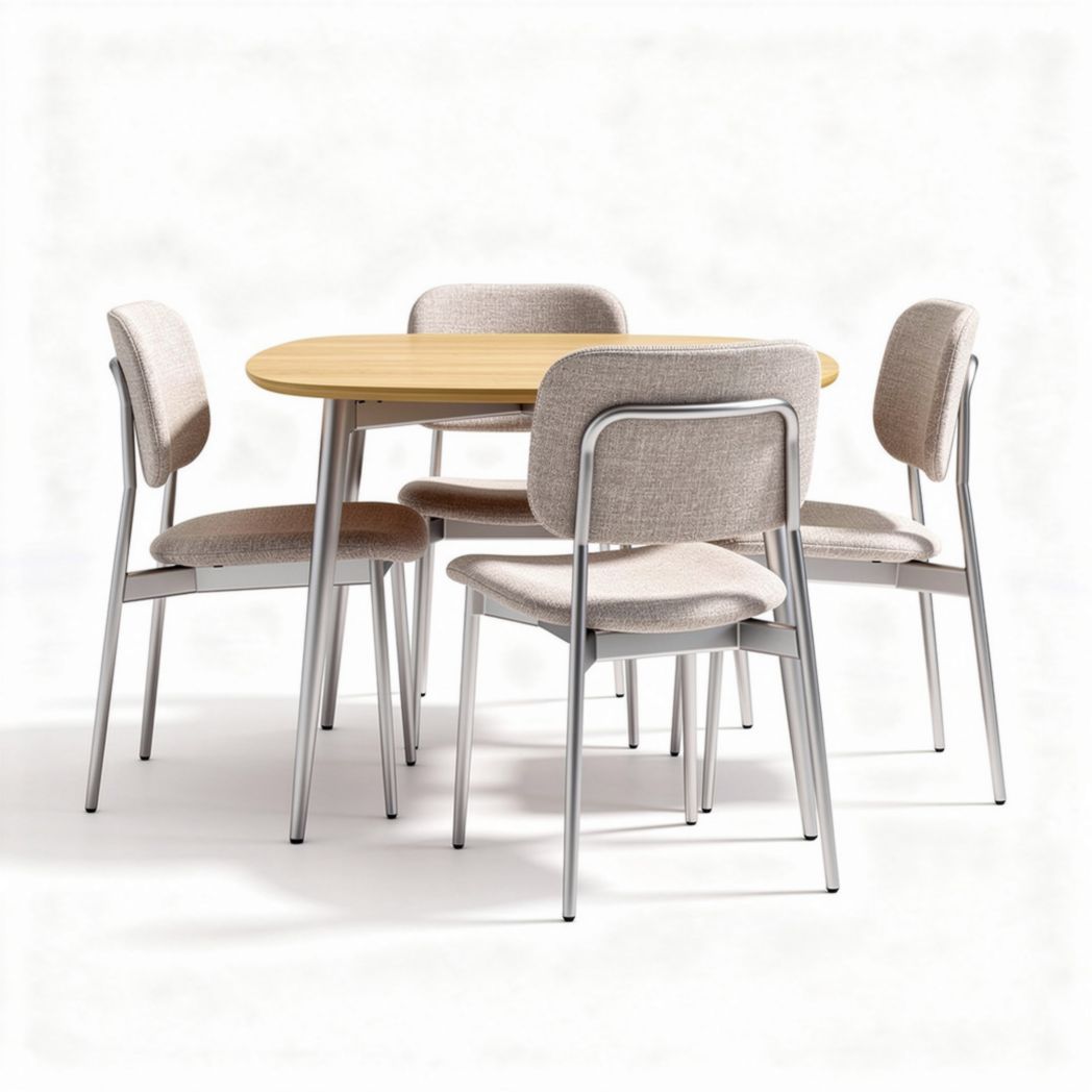 Round dining table set with four fabric upholstered chairs in natural wood color and silver metal legs