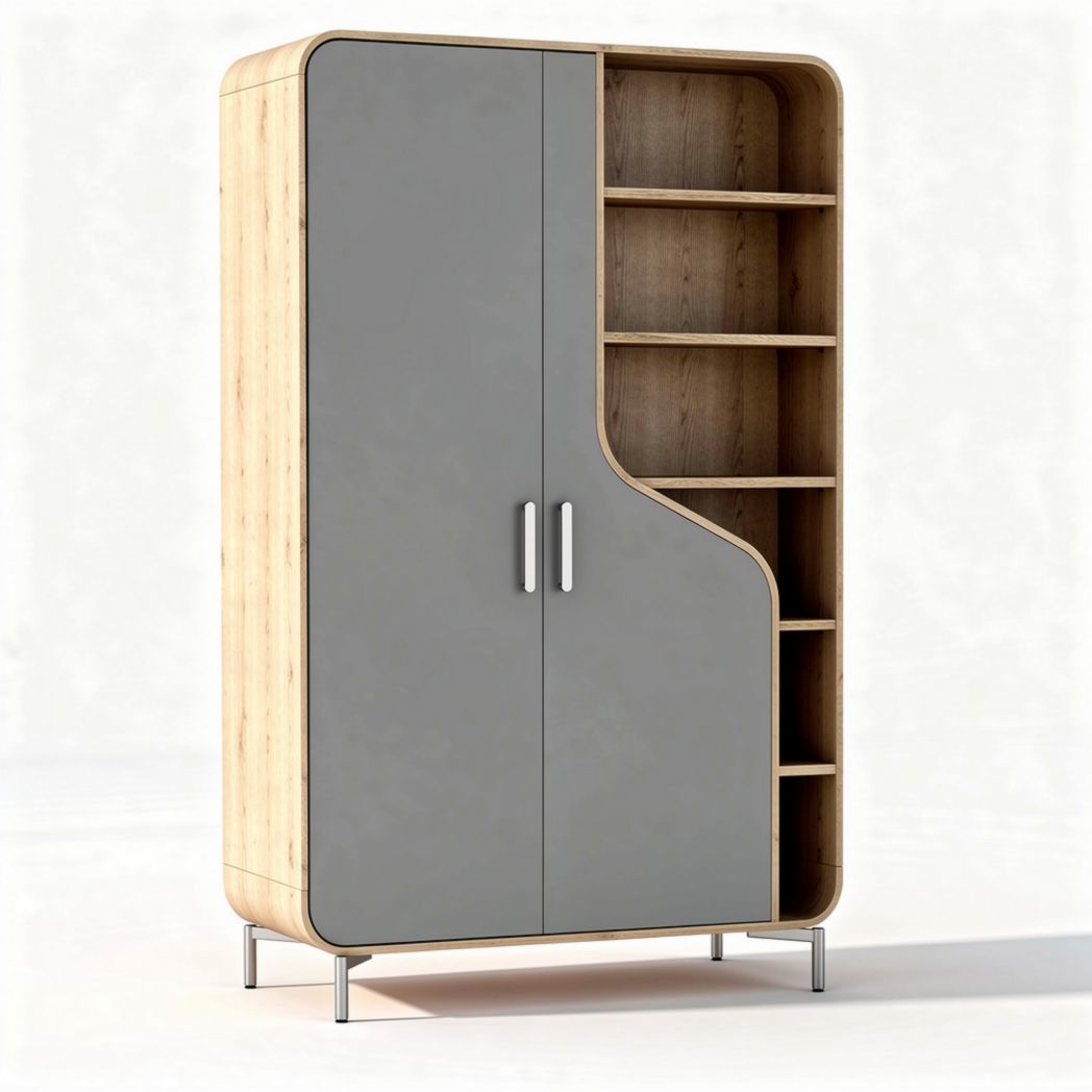 Modern wooden storage cabinet with shelves and gray doors 90 x 45 x 200cm