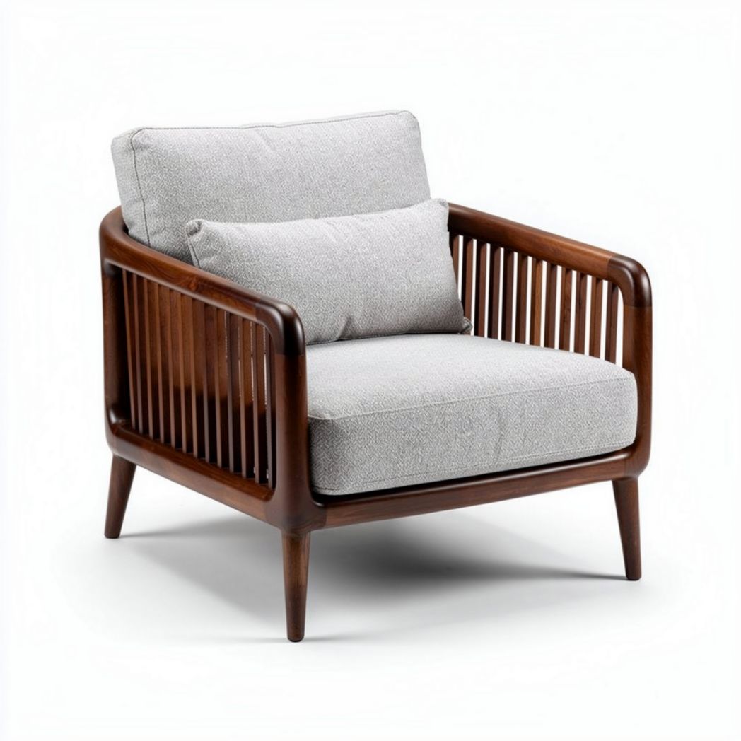 Wooden accent chair with fabric upholstery and slatted back design 75 x 80 x 85cm