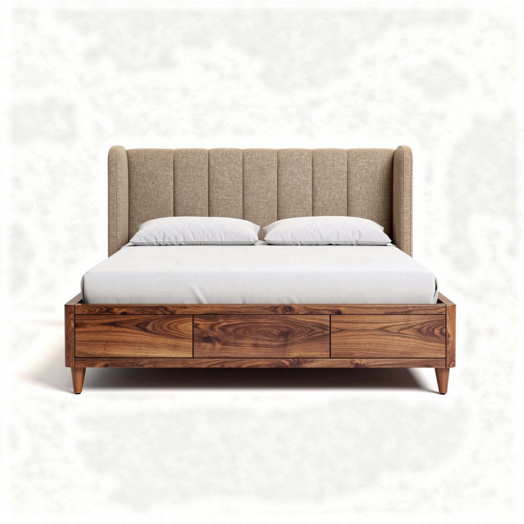 Wooden bed frame with upholstered headboard and storage drawers 190 x 150 x 100cm
