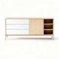 Wooden storage sideboard with white drawers and open shelving 150 x 40 x 75cm