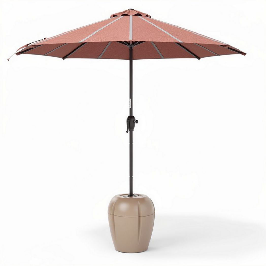 Outdoor umbrella with bronze fabric for patio use and durable base weight