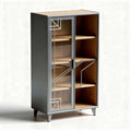 Glass door storage cabinet with wooden shelves in gray and natural finish 80 x 40 x 180cm