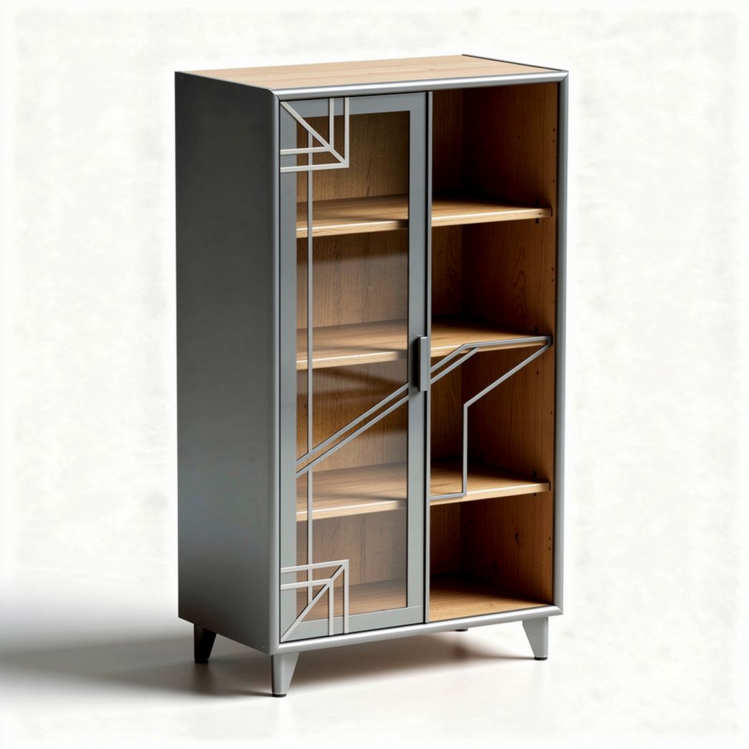 Glass door storage cabinet with wooden shelves in gray and natural finish 80 x 40 x 180cm