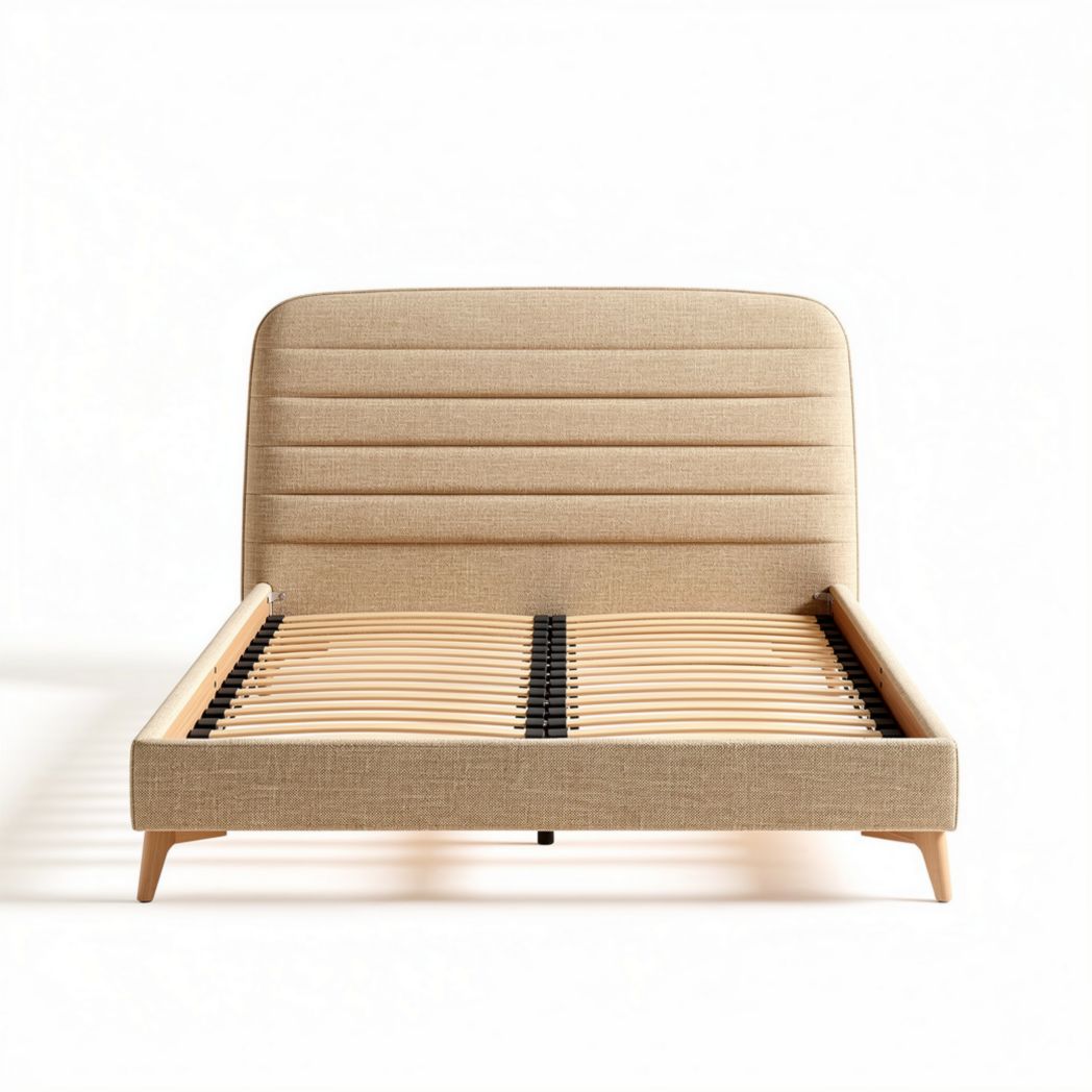 Gray upholstered bed frame with wooden slats and high backrest 200 x 160 x 120cm