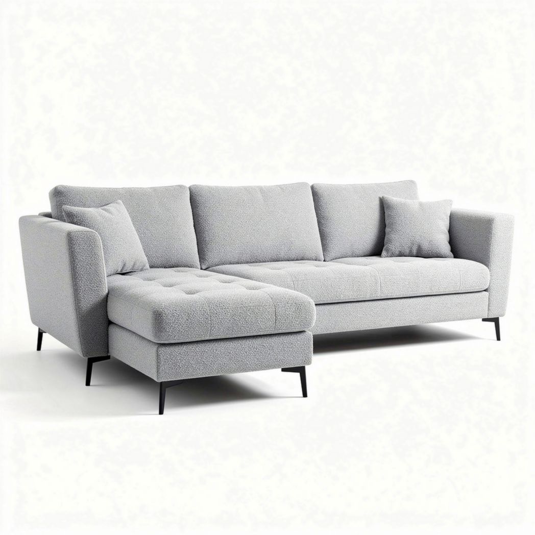 Sectional sofa in light gray fabric with storage chaise and cushions 220 x 90 x 85cm