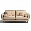 Two-seat sofa in beige fabric with decorative cushions and wooden legs