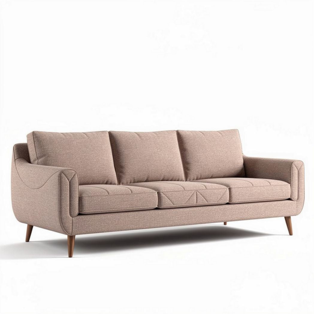 Fabric upholstered sofa with tapered wood legs and three seat cushions
