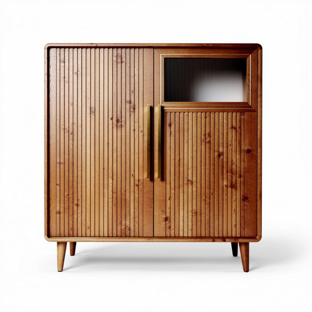 Bamboo accent cabinet with glass panel and two doors 80 x 40 x 90cm